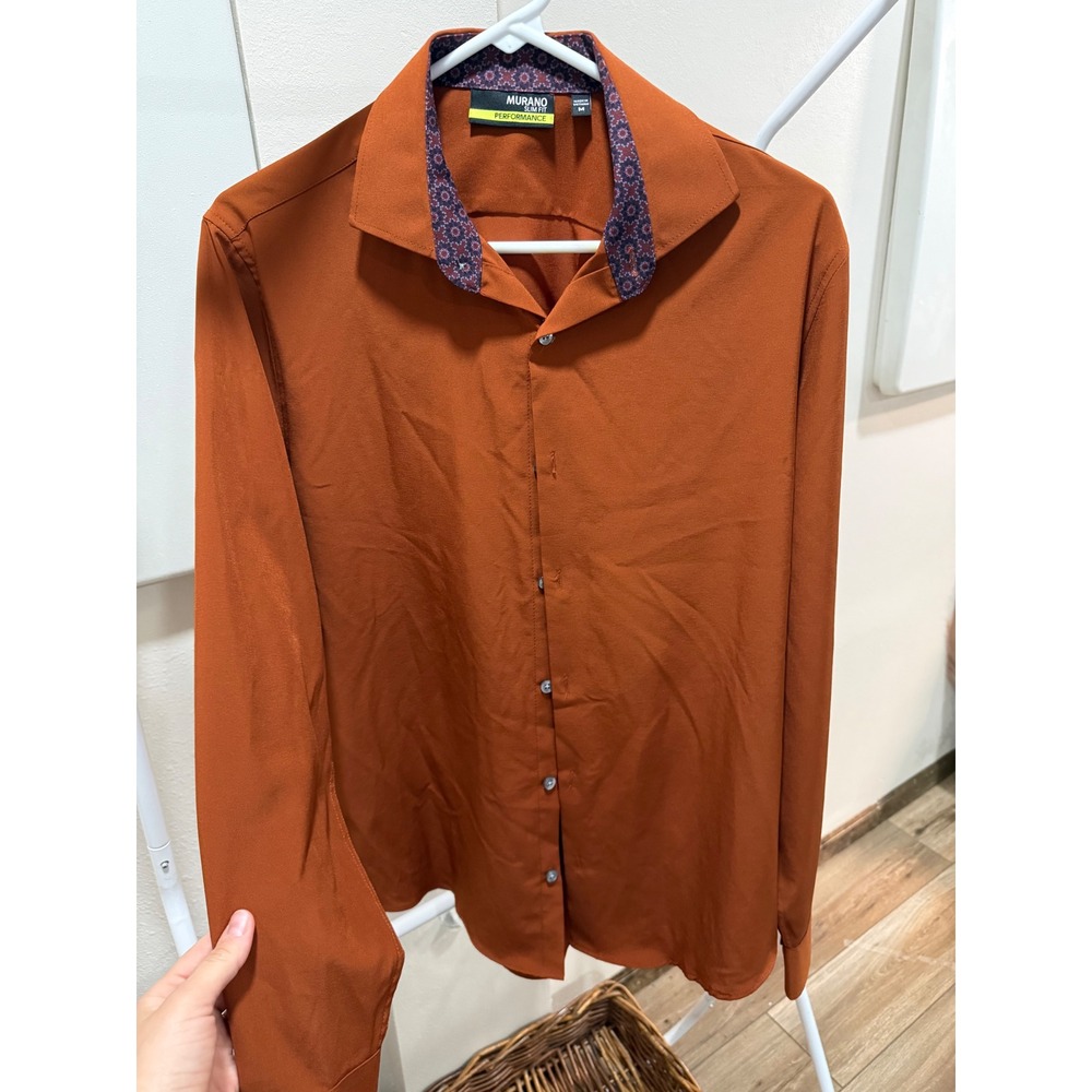 Office Business Button Up Slim‎ Fit Shirt Medium Burnt Orange Rust Long Sleeve
